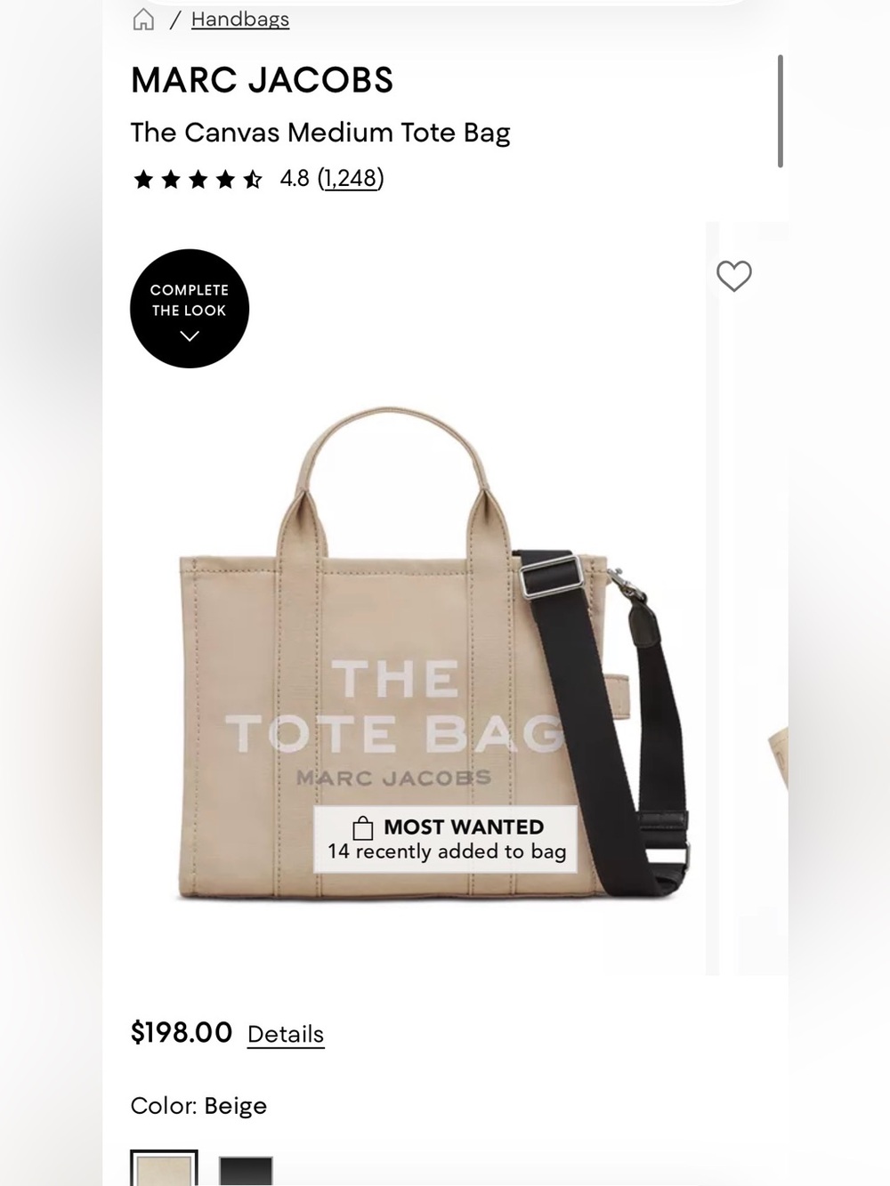 Marc Jacobs Beige Canvas 'The Tote Bag' with Black Strap